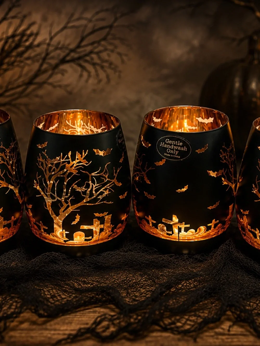 Halloween Stemless Wine Glasses ORANGE & BLACK GRAVEYARD Bats Trees Set of 4